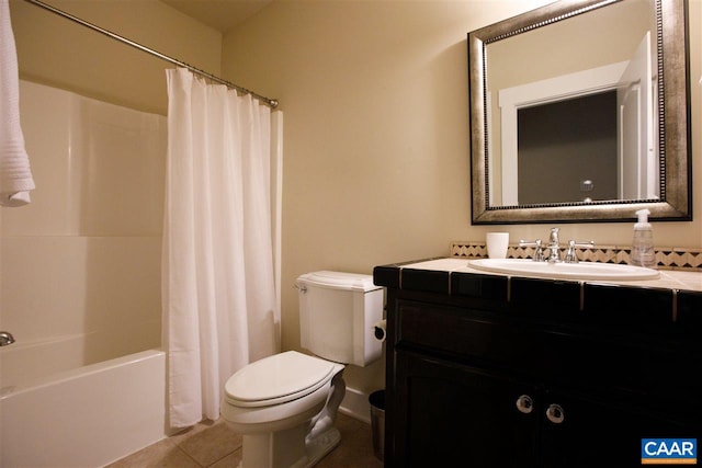 full bathroom with toilet, tile patterned flooring, shower / bath combo, and vanity