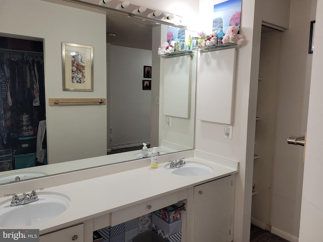 bathroom with double vanity, a spacious closet, and a sink