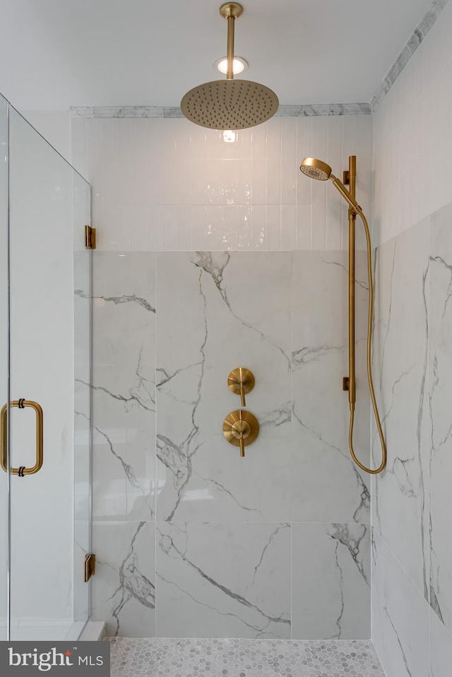 bathroom featuring a shower with door