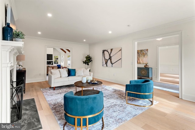 living room featuring light hardwood / wood-style floors and crown molding