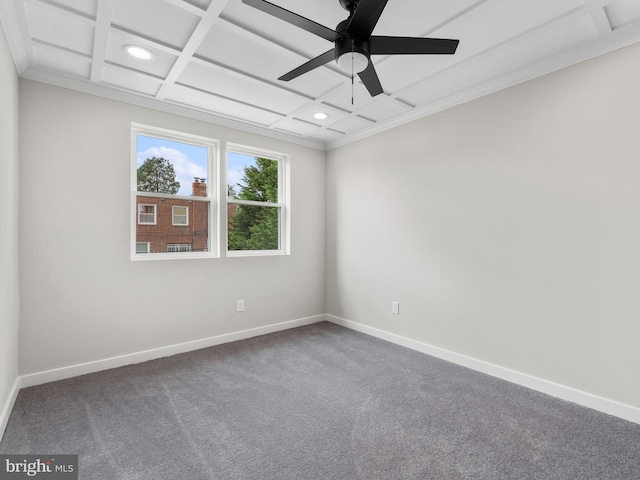 carpeted empty room with coffered ceiling, ceiling fan, and ornamental molding