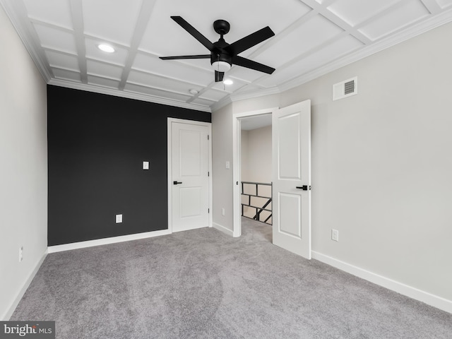 unfurnished bedroom featuring light carpet, coffered ceiling, and ceiling fan