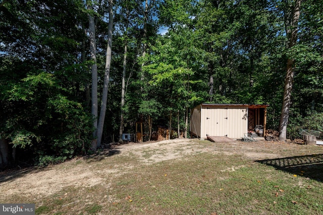 view of yard featuring a shed