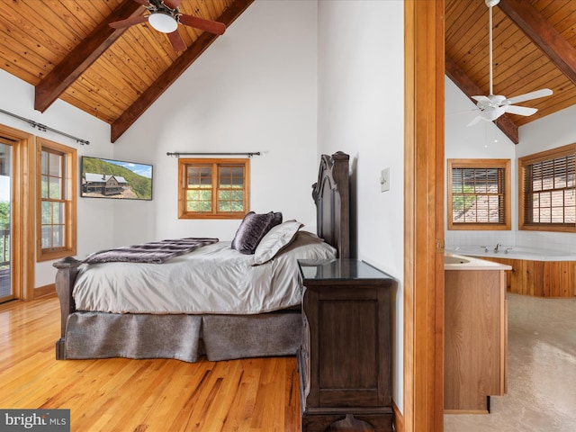 bedroom with multiple windows, wooden ceiling, and ceiling fan