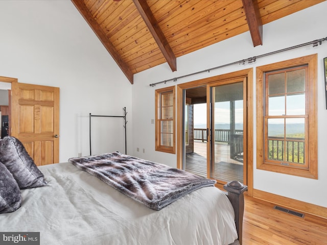 bedroom featuring light wood-type flooring, beamed ceiling, access to outside, high vaulted ceiling, and wooden ceiling