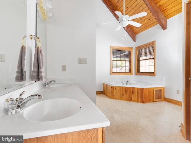 bathroom featuring ceiling fan, vanity, a tub, lofted ceiling with beams, and wooden ceiling