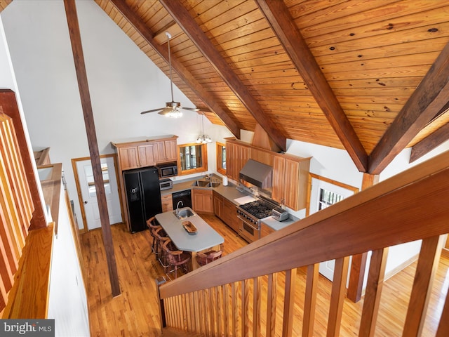 living room featuring high vaulted ceiling, wooden ceiling, beam ceiling, light hardwood / wood-style flooring, and sink