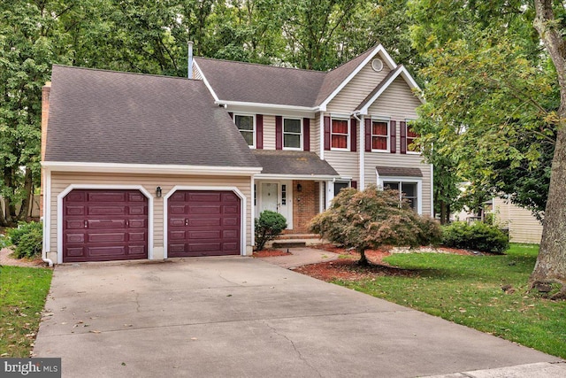 traditional-style home with driveway, a shingled roof, an attached garage, and brick siding