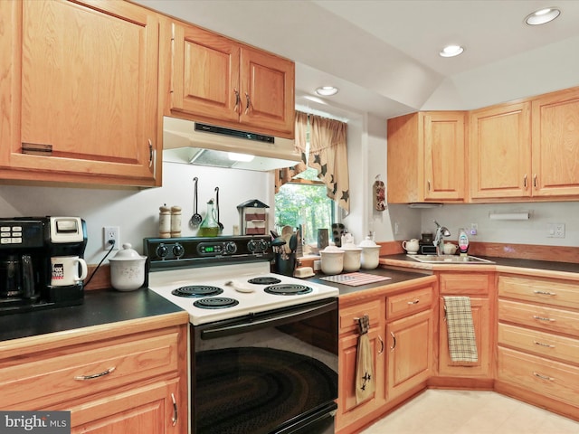 kitchen featuring vaulted ceiling, electric range, and sink