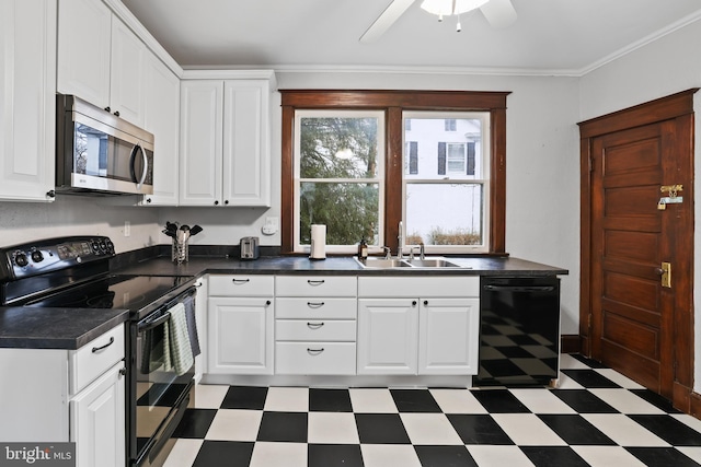 kitchen with ceiling fan, ornamental molding, sink, white cabinetry, and black appliances