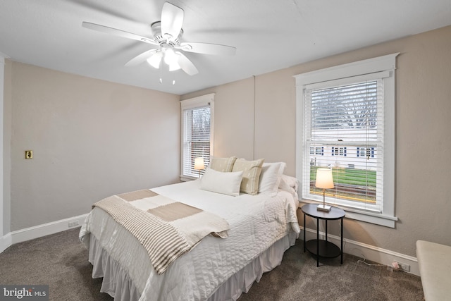 bedroom with ceiling fan and dark carpet