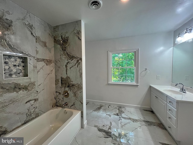 full bath with vanity, baseboards, visible vents, marble finish floor, and shower / bathtub combination