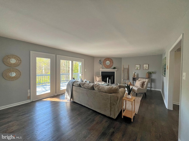 living area featuring dark wood finished floors, a fireplace, and baseboards