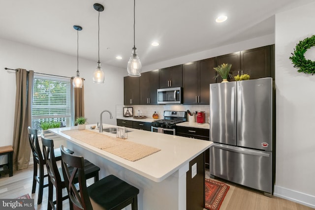 kitchen featuring a center island with sink, light wood-style flooring, decorative backsplash, appliances with stainless steel finishes, and a sink