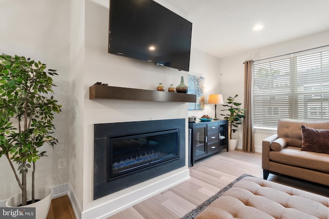 living area with light wood-style floors, a glass covered fireplace, and baseboards