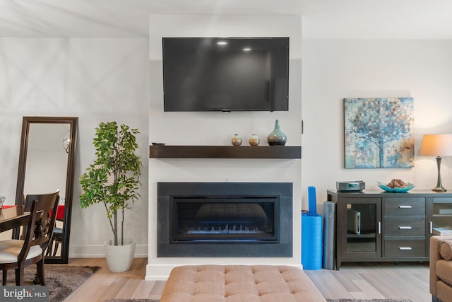 living room featuring baseboards, wood finished floors, and a glass covered fireplace