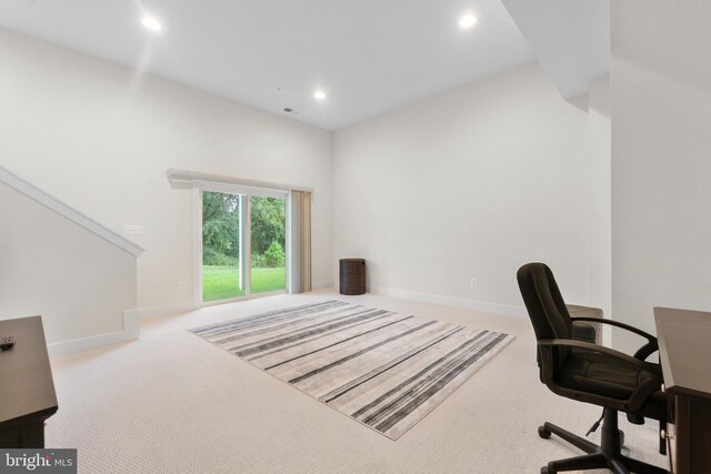 office space with carpet floors, recessed lighting, and baseboards