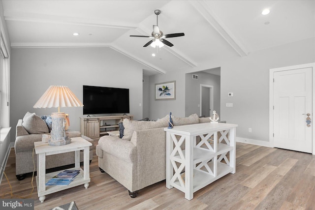 living room featuring baseboards, light wood-style flooring, vaulted ceiling with beams, recessed lighting, and ceiling fan