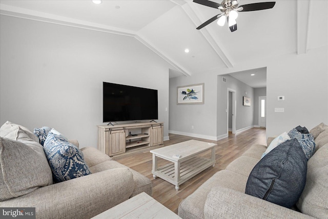 living room featuring vaulted ceiling with beams, baseboards, recessed lighting, wood finished floors, and a ceiling fan