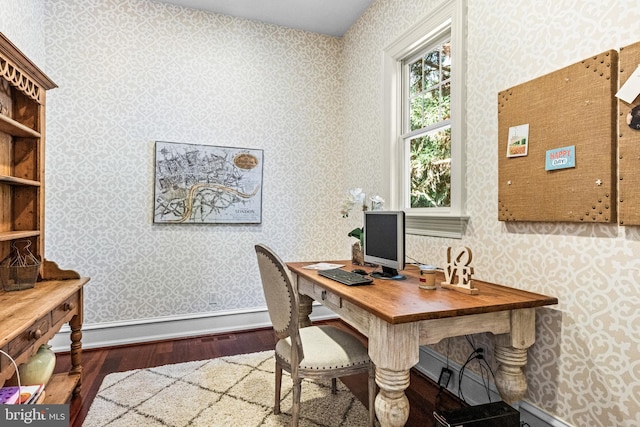 office with dark hardwood / wood-style floors and a baseboard radiator