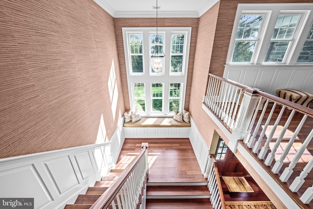 stairway featuring wood-type flooring, crown molding, an inviting chandelier, and a healthy amount of sunlight