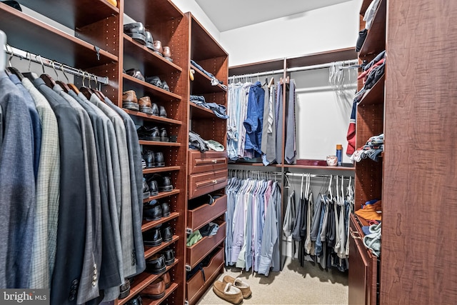 walk in closet featuring light colored carpet