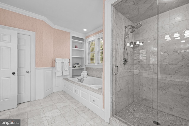 bathroom with crown molding and independent shower and bath