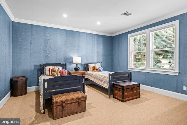 bedroom featuring ornamental molding and light carpet