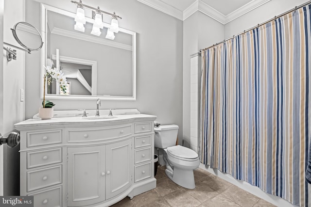 bathroom with walk in shower, ornamental molding, vanity, and toilet