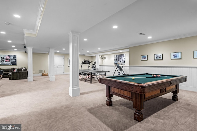 recreation room with ornate columns, crown molding, billiards, and light colored carpet