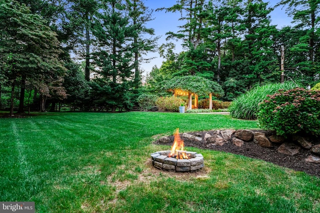 view of yard featuring an outdoor fire pit