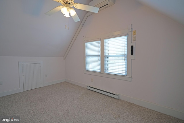 bonus room featuring a baseboard radiator, vaulted ceiling, ceiling fan, and light colored carpet