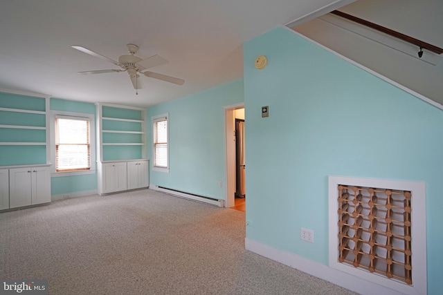 unfurnished living room featuring light colored carpet, ceiling fan, and baseboard heating