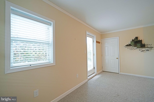 carpeted empty room with ornamental molding and a wealth of natural light