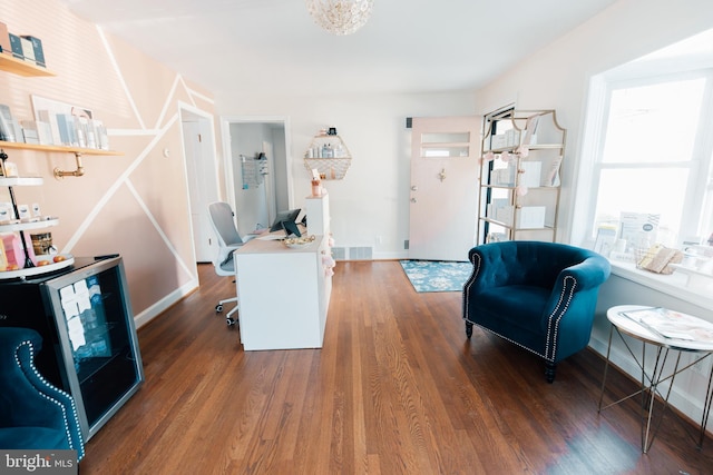 home office featuring dark hardwood / wood-style flooring