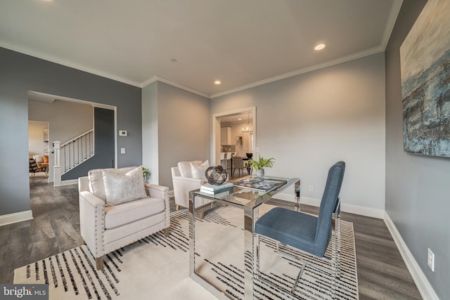 interior space featuring crown molding, recessed lighting, wood finished floors, and baseboards