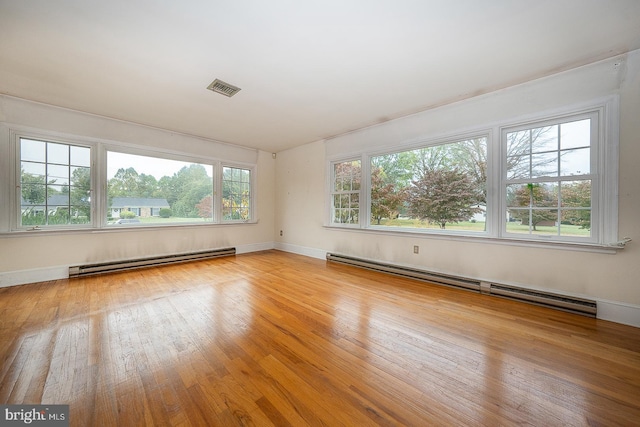 unfurnished room featuring baseboard heating and light hardwood / wood-style floors