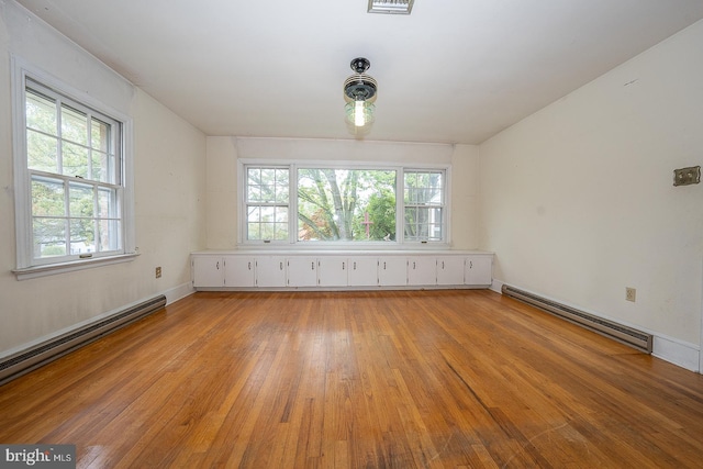 unfurnished room with light hardwood / wood-style floors, baseboard heating, and plenty of natural light