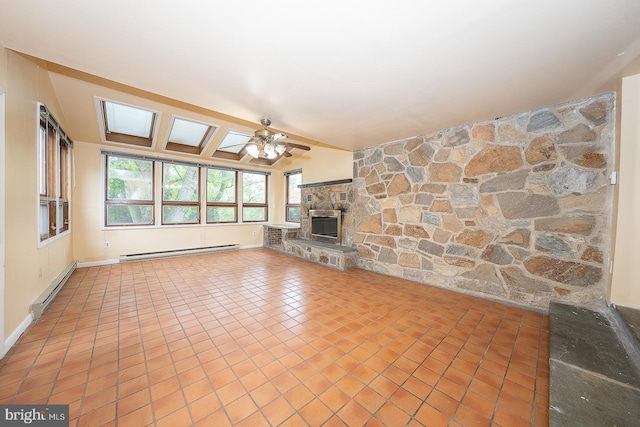 unfurnished living room featuring ceiling fan, a baseboard radiator, a fireplace, and lofted ceiling with beams