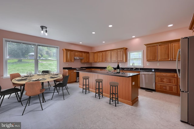 kitchen featuring a kitchen bar, a kitchen island, stainless steel appliances, and sink