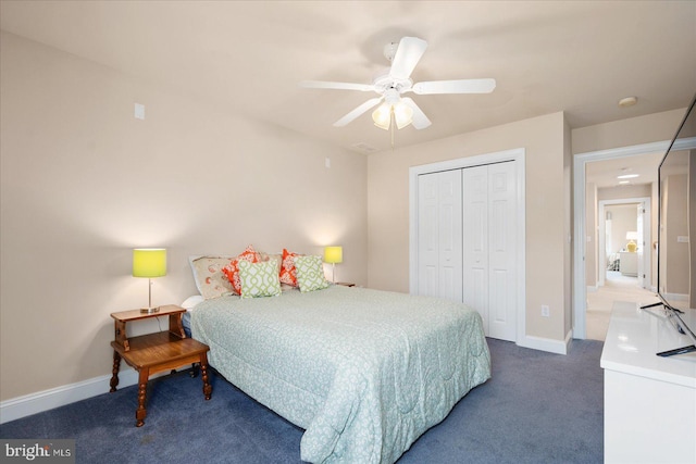 carpeted bedroom with a closet and ceiling fan