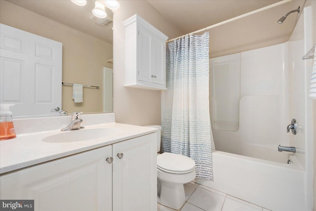 full bathroom with shower / bath combo, tile patterned flooring, toilet, and vanity