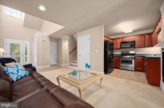 living room featuring light colored carpet