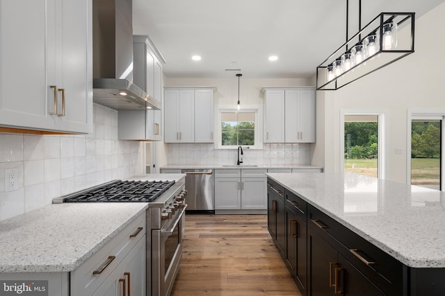 kitchen featuring decorative backsplash, appliances with stainless steel finishes, a sink, wood finished floors, and wall chimney exhaust hood