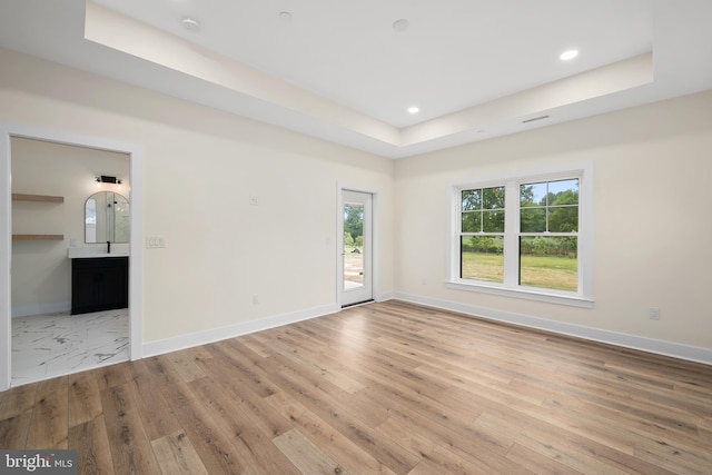 unfurnished room featuring a raised ceiling and light wood-type flooring