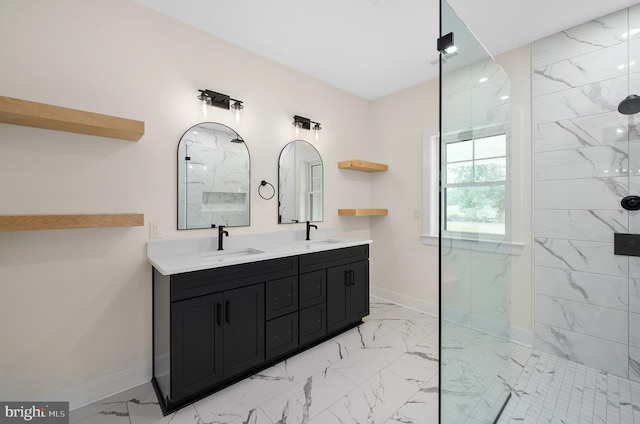 bathroom featuring vanity and a tile shower