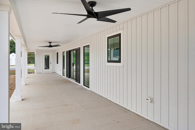 view of patio featuring ceiling fan