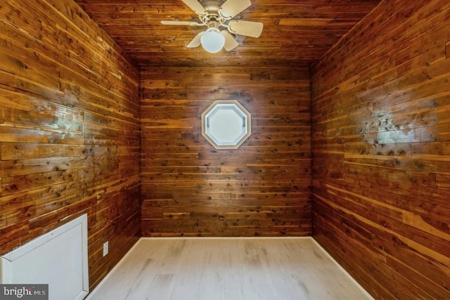 spare room featuring wood ceiling, wood walls, hardwood / wood-style floors, and ceiling fan