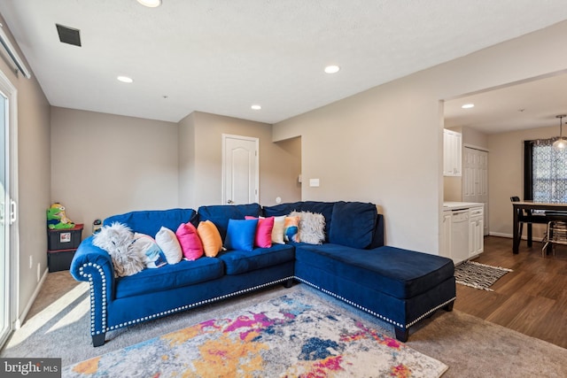 living area featuring baseboards, wood finished floors, visible vents, and recessed lighting