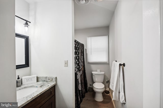 bathroom featuring wood-type flooring, toilet, and vanity